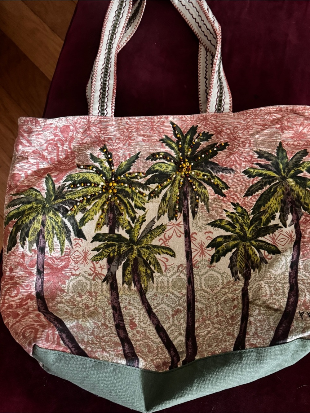 Beaded palm tree Paul Brent Fantasea beachy summer tote